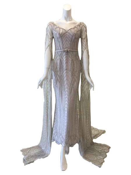 Buy : Rachm Design - Silver LongSleeves Cape Mermaid Gown
