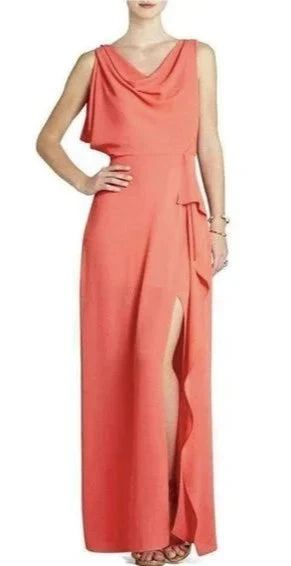 Rent: BCBGMaxazria Cowl Neck Maxi Evening Dress Draped Slit Skirt Coral Peach
