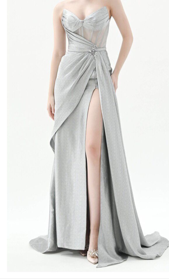 Buy : Rachm Design - Silver Sateen Mermaid Gown With Slit