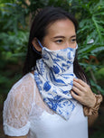 The Manta Mask with Adjustable Ear Loops - Blue Flowers on White