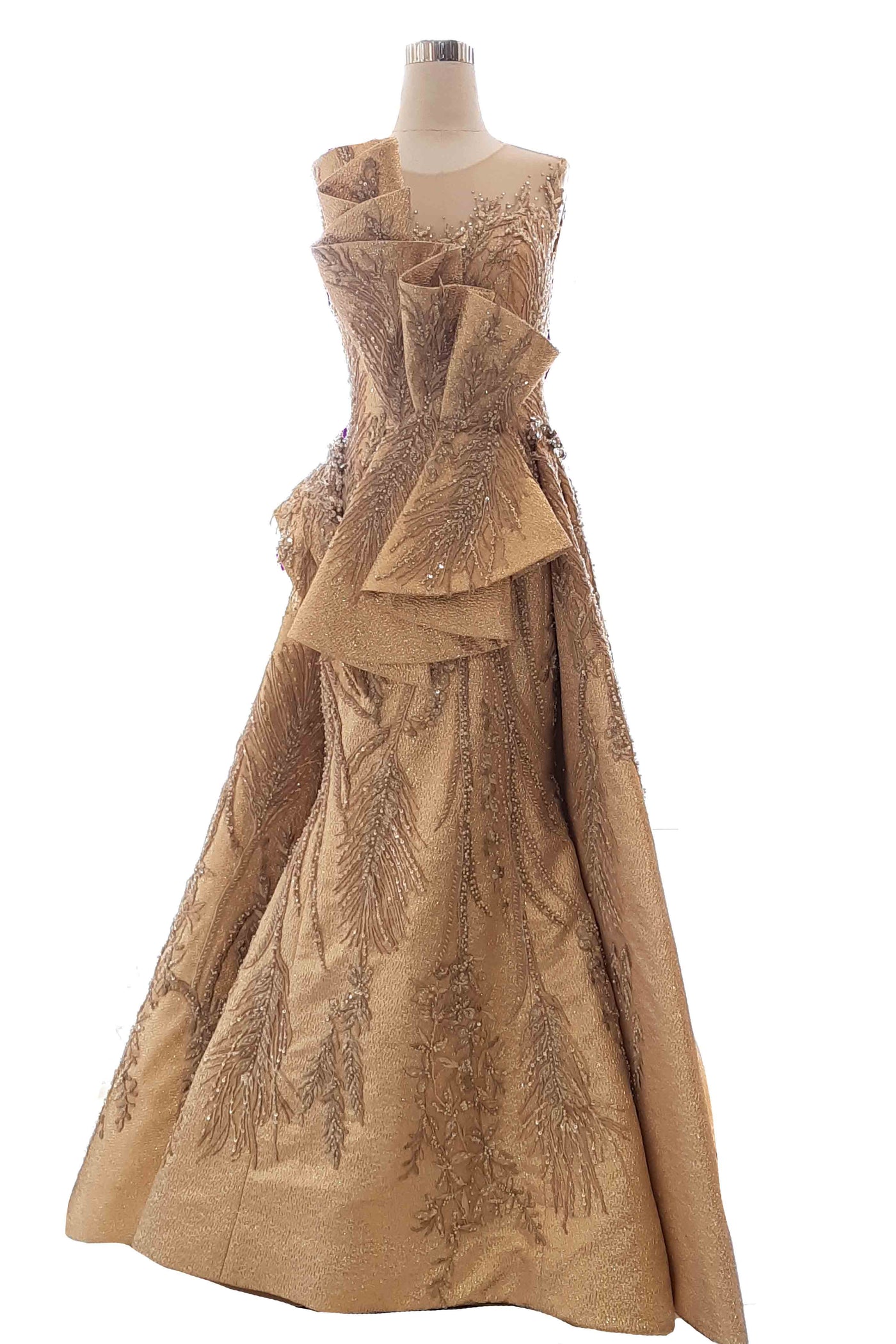 Buy : Winda Halomoan - Gold Ruffled Mermaid Gown With Train