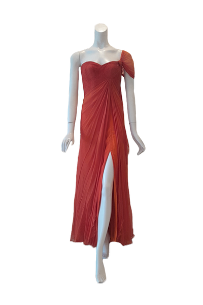 Sale: Adrian GanTerracota Chiffon One Shoulder Gown