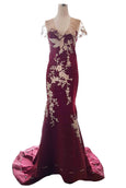 Rent : Harry Ibrahim - Maroon V Neck Embroidery Gown