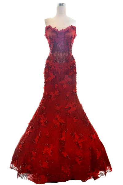 Buy : Hian Tjen - Red Sweetheart Flower Mermaid Gown