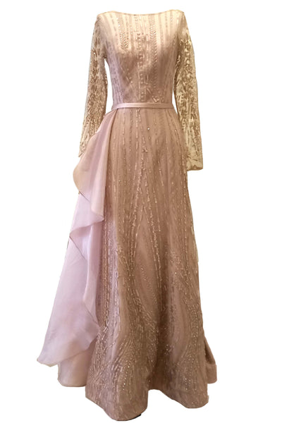Rent: Cindy Kiman - Nude Longsleeve A-Line Gown With Detachable Skirt