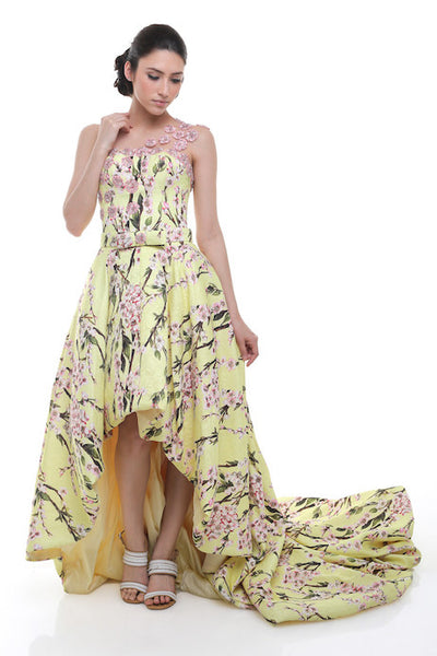 Angela Prisa - Buy: Yellow High-Low Gown in Printed Fabric-The Dresscodes - 1