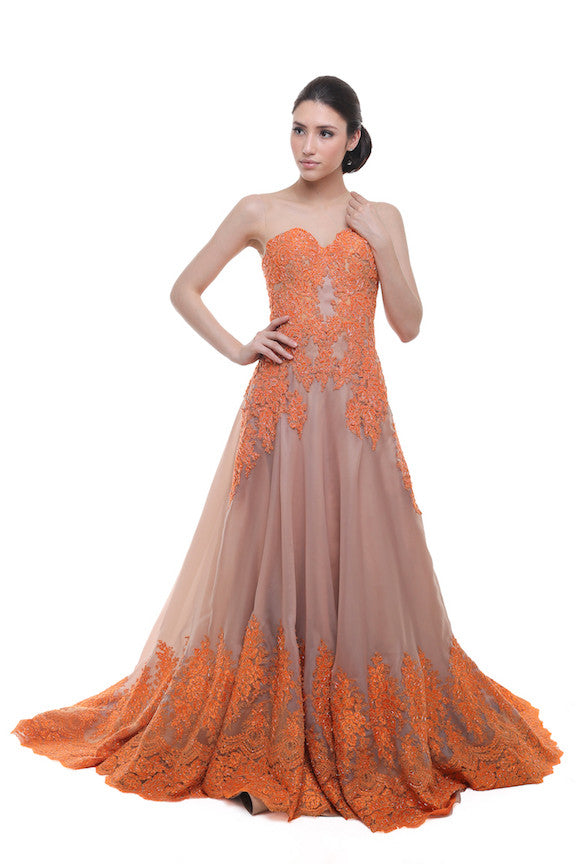Angela Prisa - Buy: Sleeveless Orange Lace on Nude Chiffon-The Dresscodes - 1