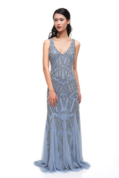Adrianna Papell - Rent: Adrianna Papell Blue V-neck Beaded Gown-The Dresscodes - 1