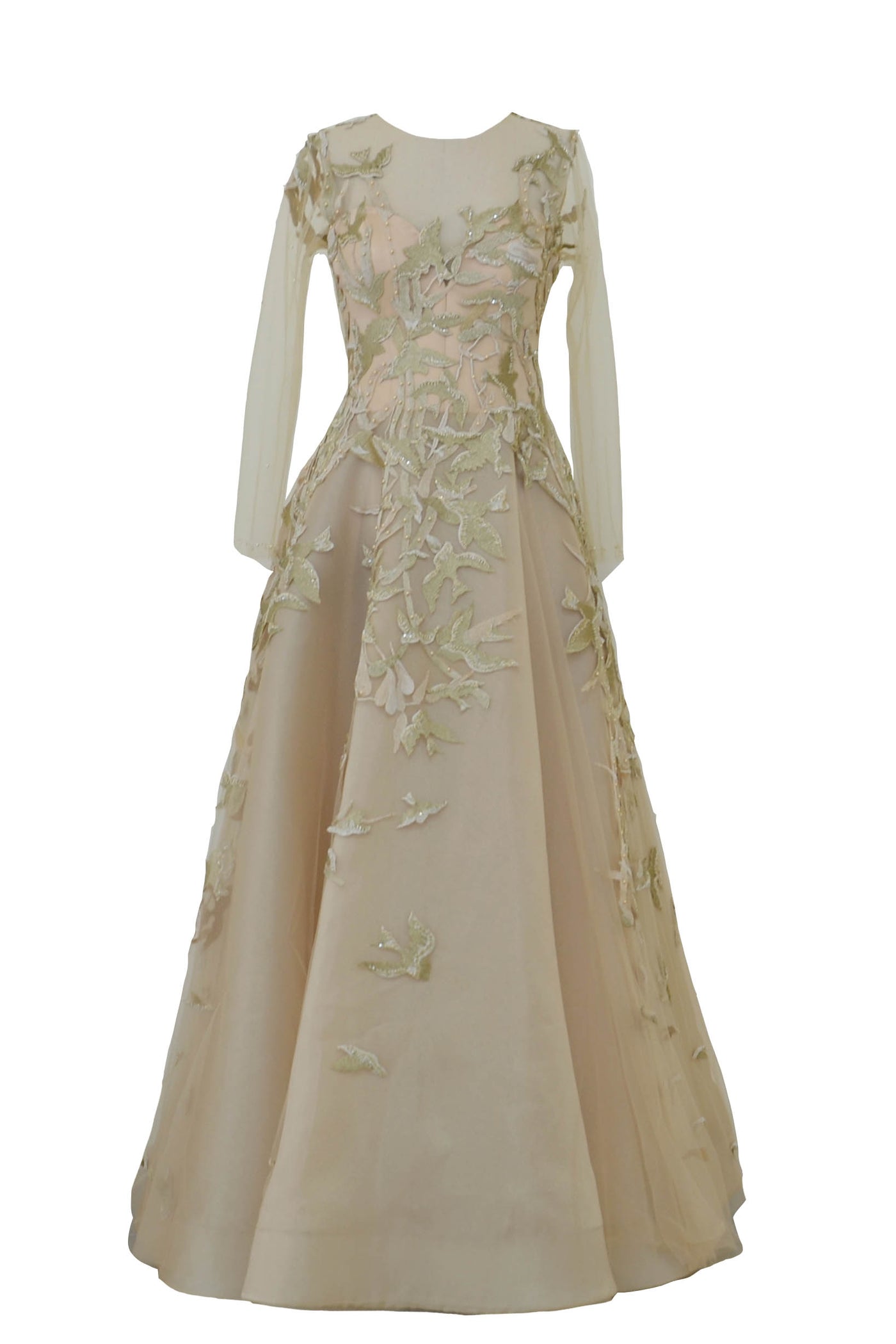 Rent: Agvsta By Bethania - Gold Skin Long Sleeves Tulle Gown