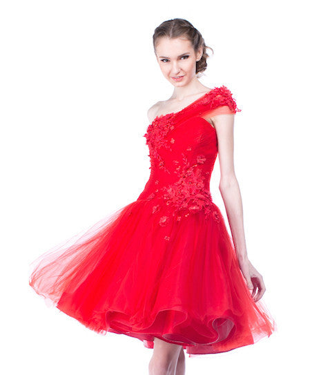 Agvsta By Bethania - Buy: One Shoulder Red Tulle Dress-The Dresscodes - 1