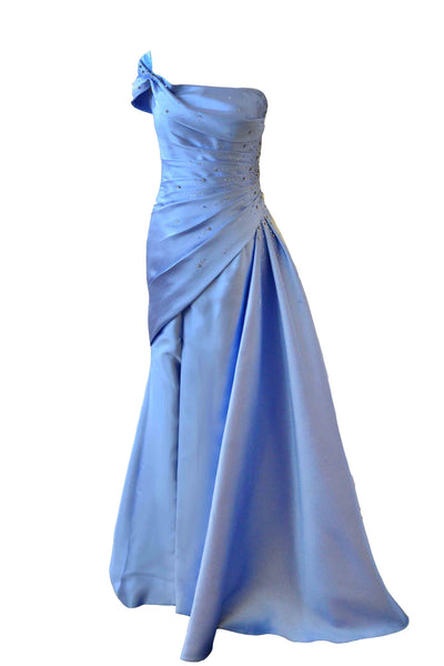 Sale: Anrini Polim - One Shoulder Blue Strapless Satin Gown with Bow