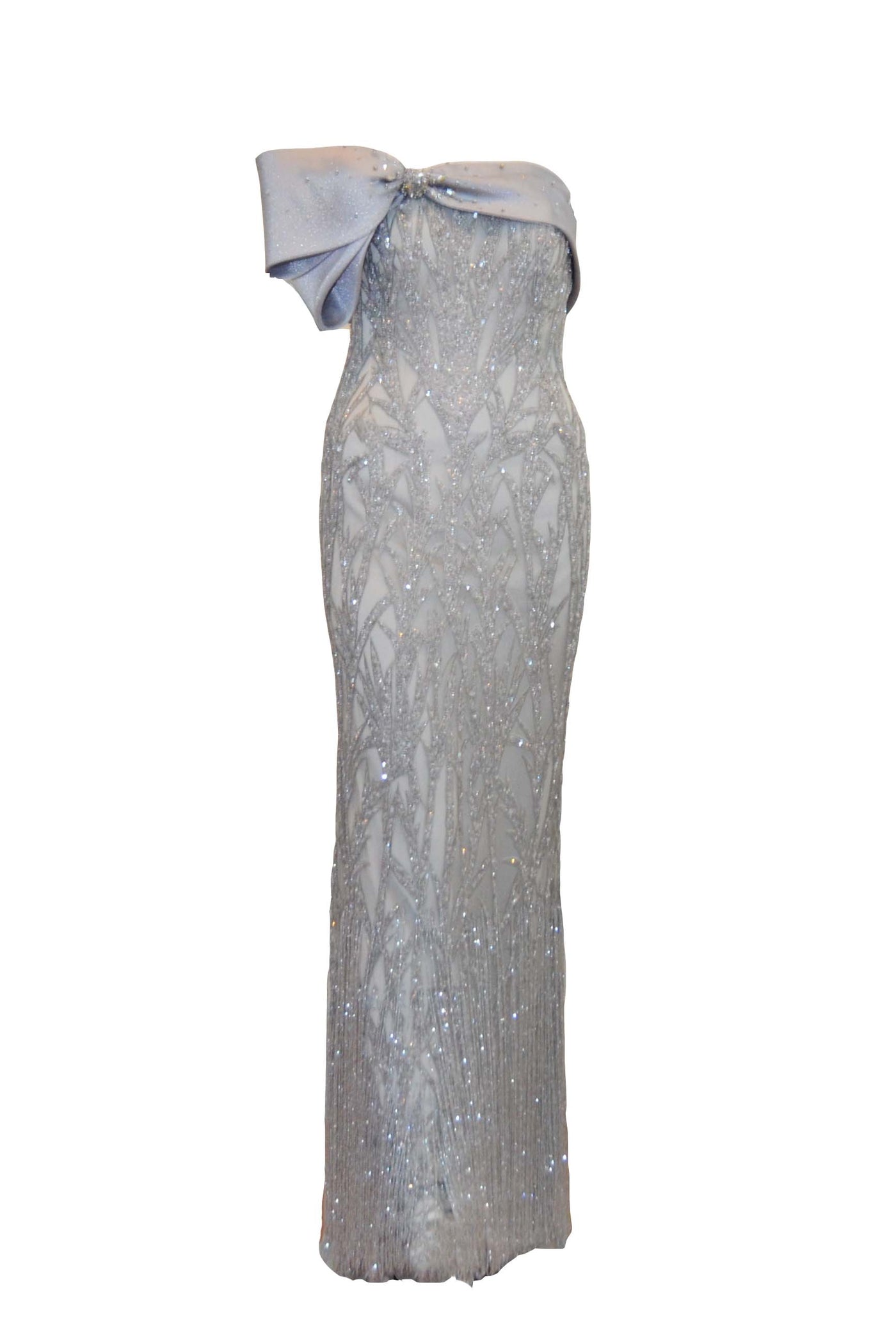Sale: Anrini Polim Silver Strapless Fully Beaded Gown with Bow