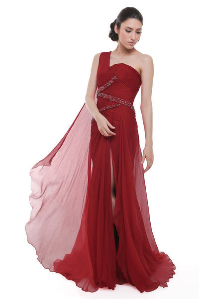 Didi Budiardjo - Buy: Red One Shoulder Pleated Chiffon Gown-The Dresscodes - 1