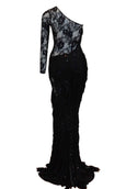 Rent : Eko Tjandra - Black Tassel One Off Shoulder Long Sleeve Evening Dress