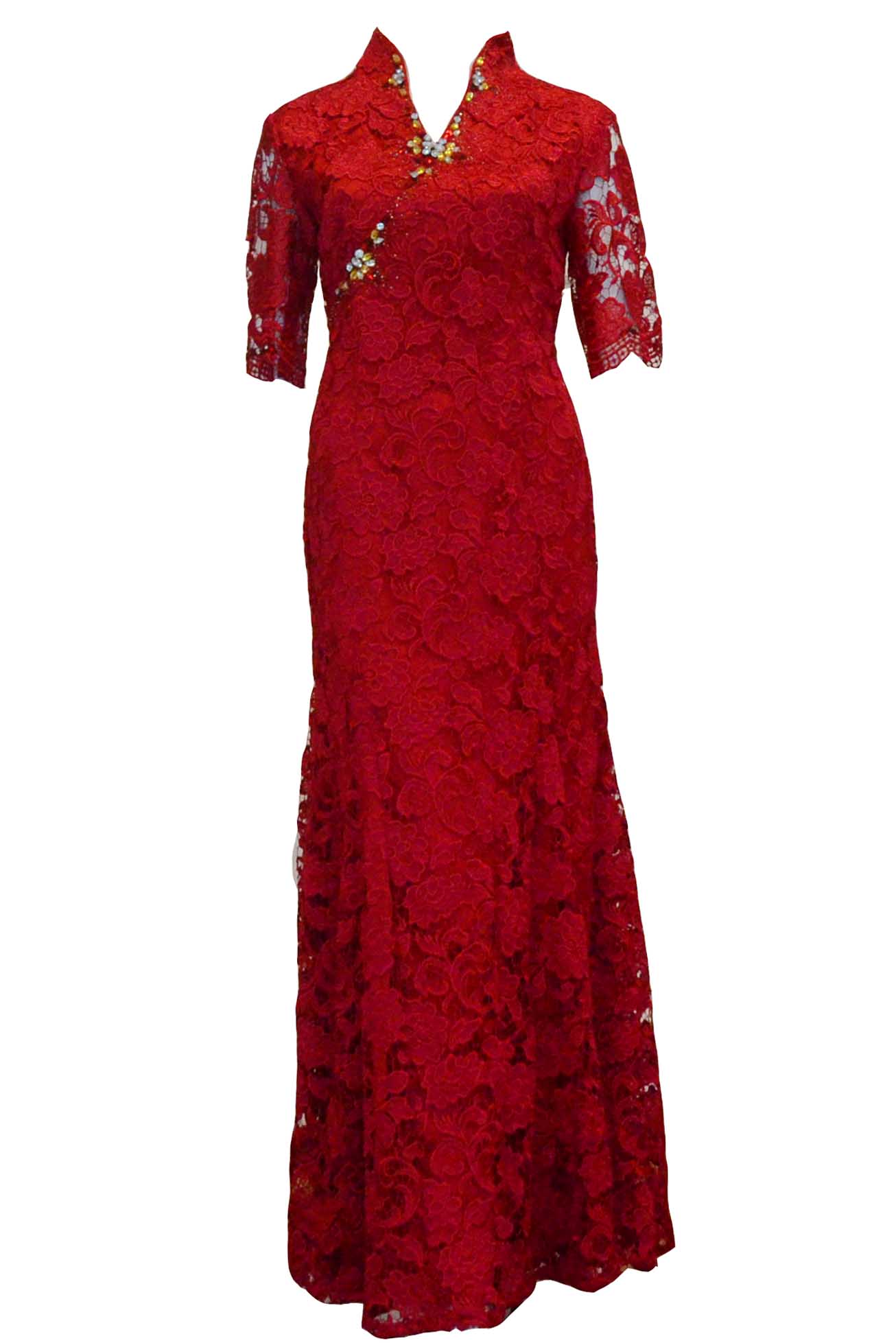 Rent : Mandarin Peony - Red 3/4 Sleeves Brocade Cheongsam Dress