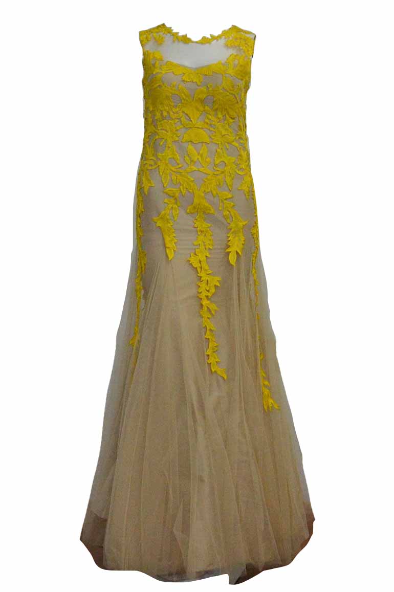 Buy: Raisa - Yellow Embroidery Flower Tulle Gown