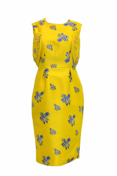 Sale: Private Label - Yellow Jacquard Sleeveless Cold Shoulder Cocktail Dress