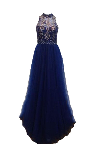 Rent: Dorcas - Backless Blue Gold Lace Tulle Dress