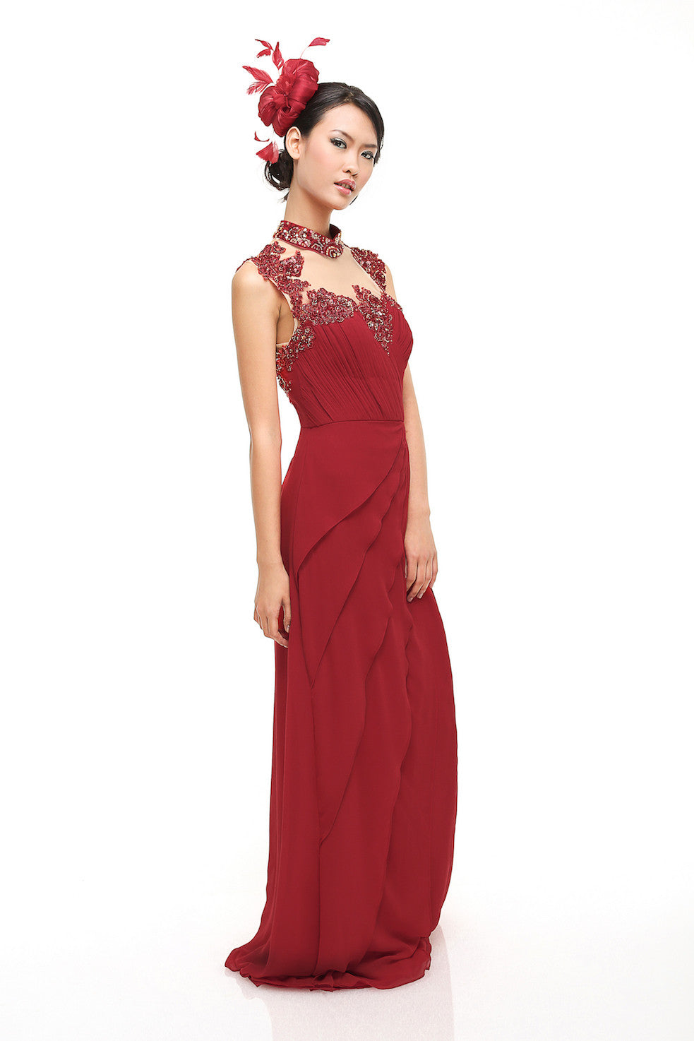 Fluorescence - Buy: Red Beaded Cheongsam Chiffon Dress-The Dresscodes - 1