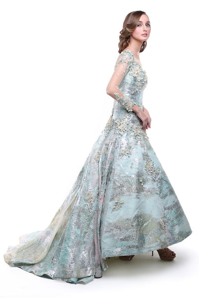 Hian Tjen - Buy: Blue Green Jacquard Long Sleeves Gown-The Dresscodes - 1