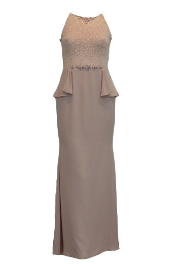 Sale : Peaches Pinkish - Halter Neck with Beaded Mermaid Gown