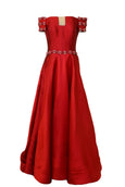 Buy: Imelda Hudiyono Red Off Shoulder Jacquard Gown