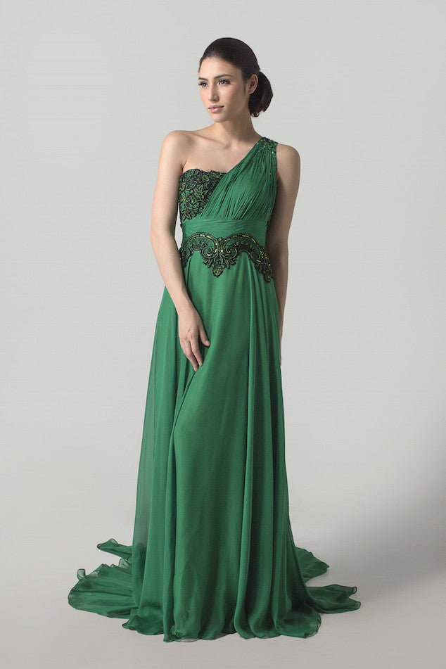 Margee Fabriani - Buy: One Shoulder Emerald Green & Black Chiffon Dress-The Dresscodes - 1
