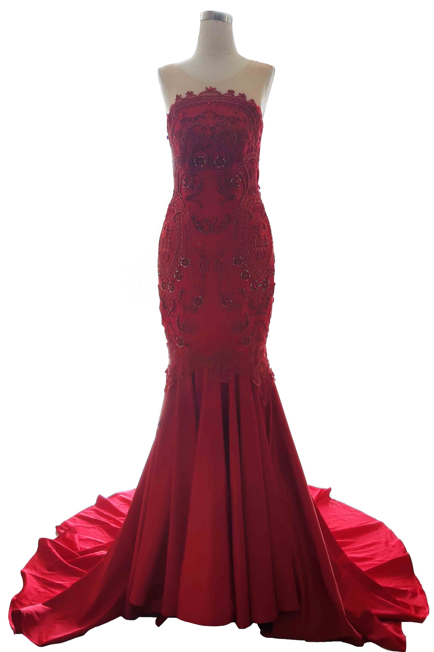 Rent: Private Label - Curved Strapless Red Mermaid Gown