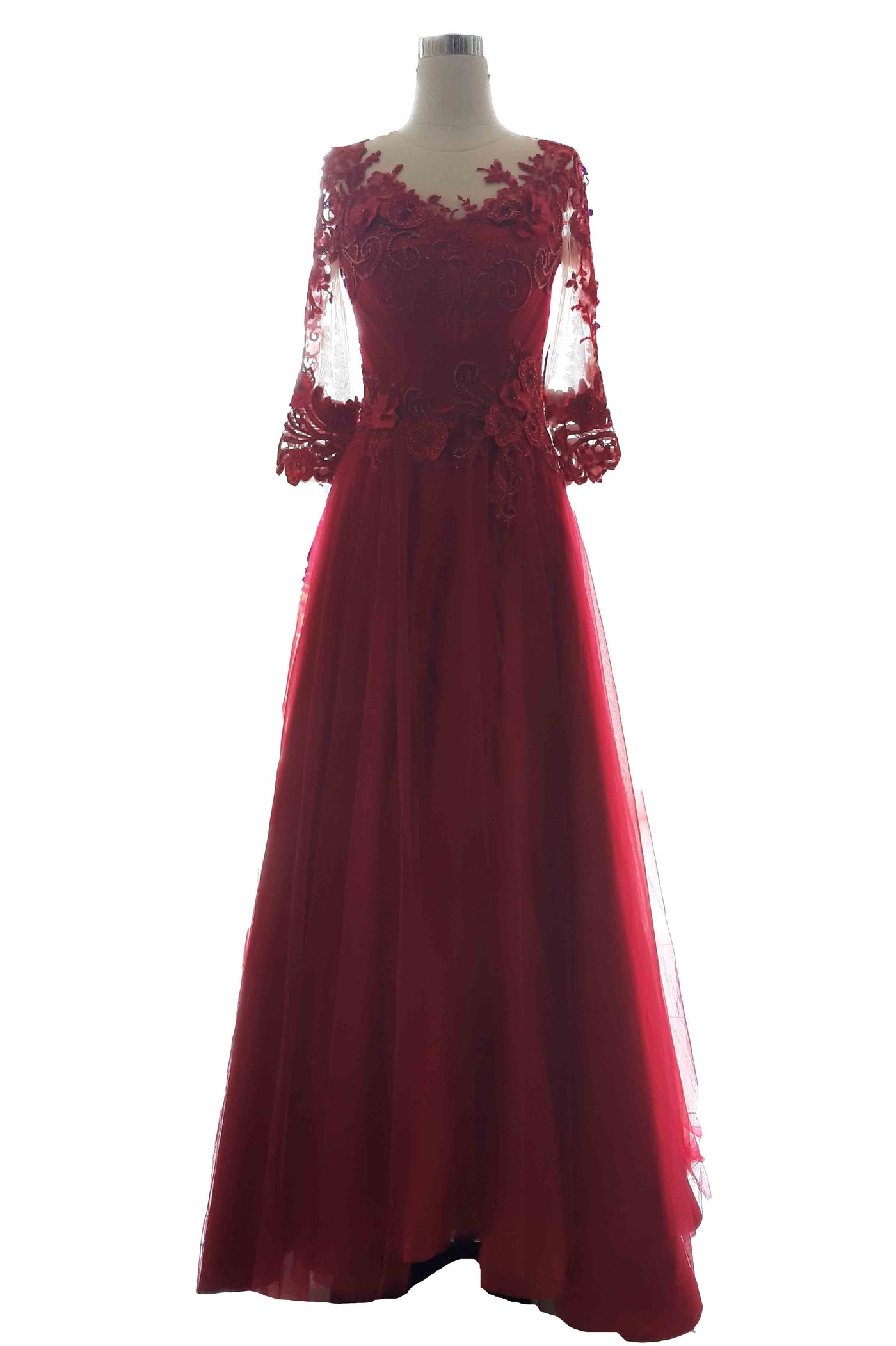 Rent: Private Label - Red 3/4 Lace Sleeves A-Line Gown