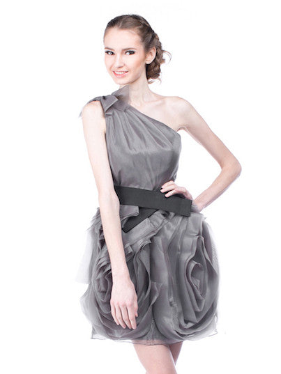 WHITE by Vera Wang - Buy: One Shoulder Grey Organza Dress with Black Belt-The Dresscodes - 1