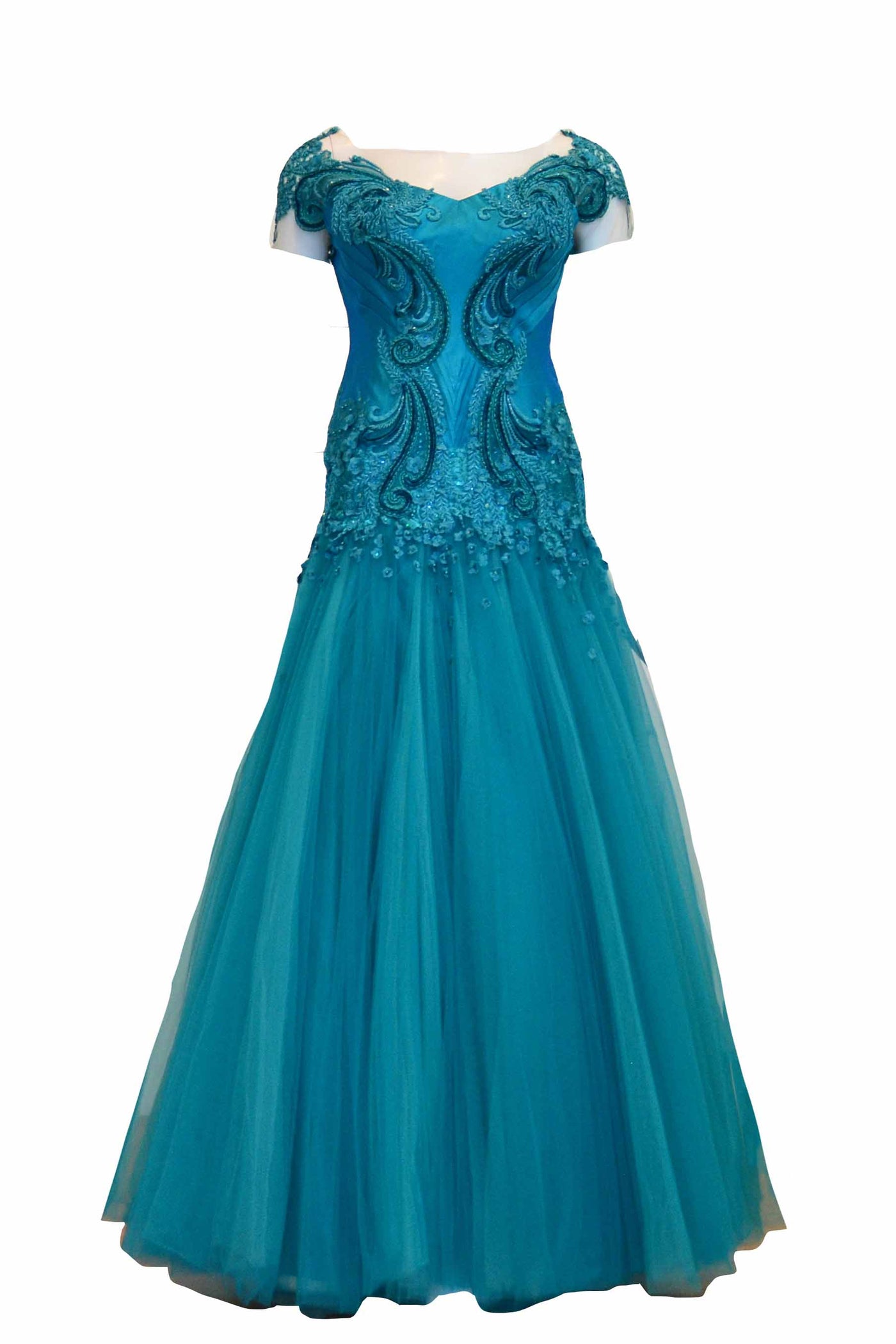 Rent: Wiki Wu -  Short Sleeve and V-Neck Green Turquoise A-Line Gown