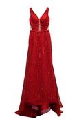 Rent: Winda Halomoan Red Deep V-Neck Fully Beaded Gown with Train